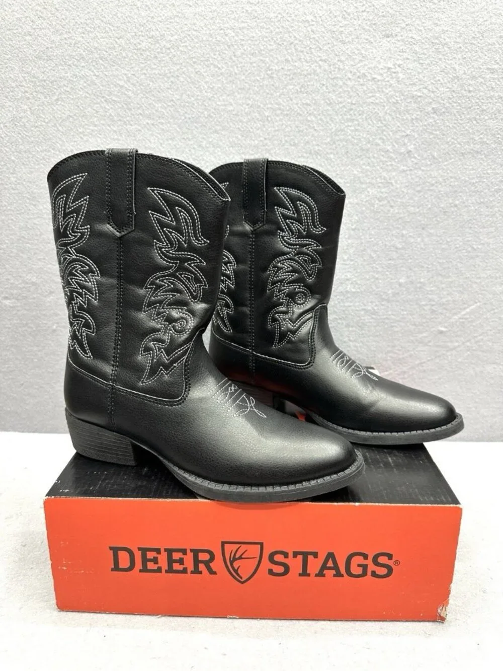 Deer Stags Cowboy Boots Kids 4 M Black Rodeo Western Country Equestrian Ranch